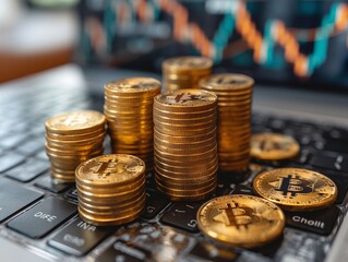 Close up of metal shiny bitcoin crypto currency coins on US dollar bills. Electronic decentralized money