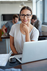 Wall Mural - Smile, businesswoman and thinking in portrait, with computer at office for startup or project. Happy, girl and ideas, vision or planning for company proposal with laptop and paperwork at desk