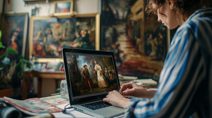 Artist analyzing classical paintings on a laptop in a studio filled with artworks. Art research and digital artistry concept. Design for educational content, online art classes and creative workspace.