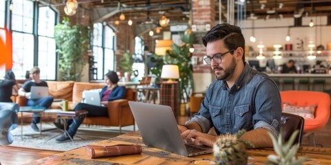 Wall Mural - A man working on a laptop at a bustling coworking space.