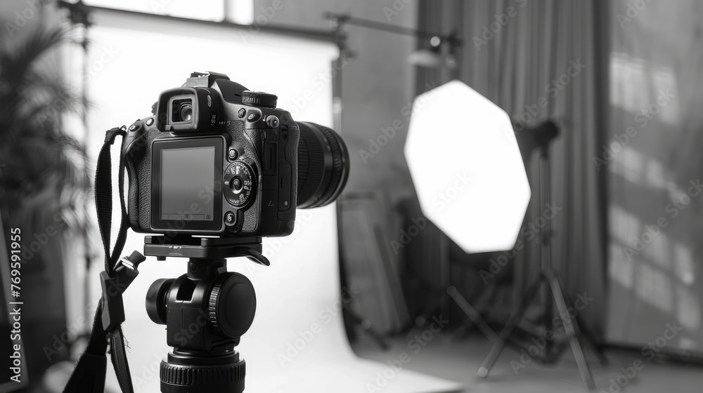 camera on a tripod in Modern photo studio with professional equipment ...