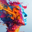 Closeup of a 3D, stylized human silhouette with a vibrant splash of paint on the head area, symbolizing creative outpouring and the brainstorming process