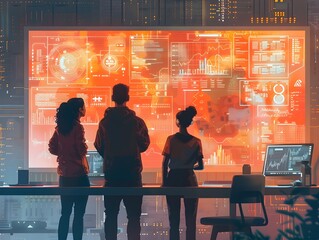 Poster - innovative tech team debugging on shared display in modern office