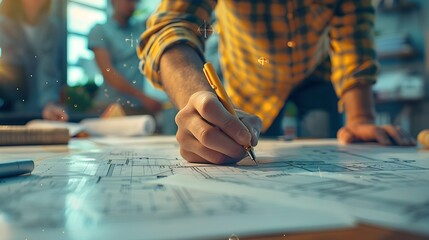 Poster - focused architects collaborating over detailed blueprints to envision and design the future