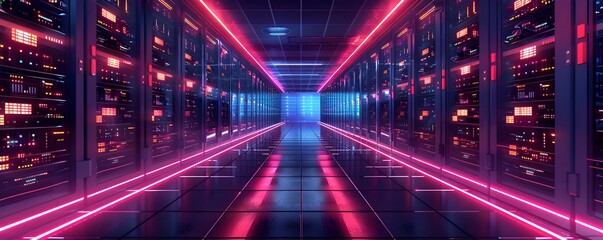 Wall Mural - Futuristic Data Center with Glowing Hallway of Rows of Servers in Dark Inspired Environment