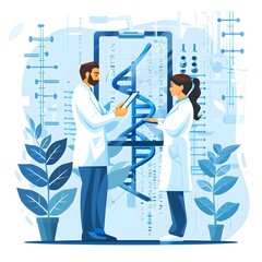 Poster - biotech scientists analyzing dna data on digital tablets in cutting edge medical research laboratory