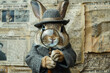 A charming bunny in detective costume, holding a magnifying glass, against a vintage newspaper background, ready to crack the case