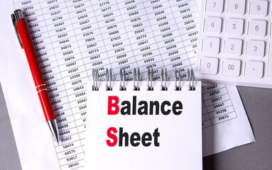 Poster - BALANCE SHEET text on notebook with chart , pen and calculator