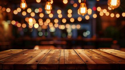 Wall Mural - Image of wooden table in front of abstract blurred restaurant lights background.