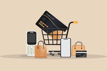 Wall Mural - A shopping cart full of items including a credit card, cell phone, and wallet