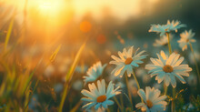 Idyllic Daisy Bloom Abstract Soft Focus Sunset Field Landscape Of White Flowers Blur Grass Meadow Warm Golden Hour Sunset Sunrise Time Tranquil Spring Summer Nature Closeup Bokeh Forest Background