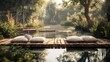 Serene Lakeside Relaxation Spot with Wooden Dock and Pillows
