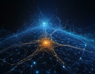 Wall Mural - A complex web of glowing neural connections sprawling across a digital landscape, symbolizing an AI's intricate thought processes. 
