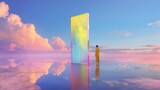 Fototapeta Panele - A person in contemplation before a vibrant, iridescent door standing alone in a tranquil, reflective waterscape with pastel skies.