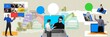 © master1305 - Employees communicating online via laptops. Growing cooperation, hiring new employees. Contemporary art collage. Concept of business, career development, teamwork, cooperation, growth and success
