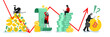 Banner. Contemporary art collage. Business people in different financial situations with unnormal graph arrows symbolizing decreases and increases. Concept of business development, passive income.