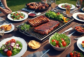 Backyard dinner table have a tasty grilled BBQ meat, Salads and wine