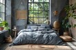 Cozy bedroom with industrial chic decor and natural light, Concept of urban living, interior design, and home comfort
