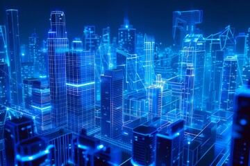 Wall Mural - Rooftop view of cityscape with skyscrapers and holographic overlays.