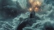 submarine on the sea ,battle,Fireworks at sea Medium CloseUpMCU , rough waves