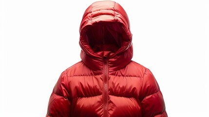 Wall Mural - A children's red hooded warm sport puffer jacket, presented in ghost mannequin photography over a white background
