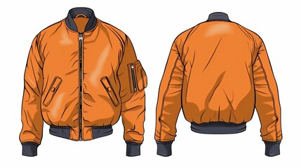 A classic bomber jacket for men, showcased in a vector technical sketch for mockup purposes
