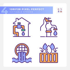 Wall Mural - Water infrastructure RGB color icons set. Manual well pump. Home water system. Storm drain. Isolated vector illustrations. Simple filled line drawings collection. Editable stroke. Pixel perfect