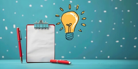 Poster - notepad character jotting down groundbreaking ideas for success with copy space