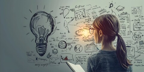 Poster - whiteboard character brainstorming brilliant ideas on canvas of concepts with copy space for and inn