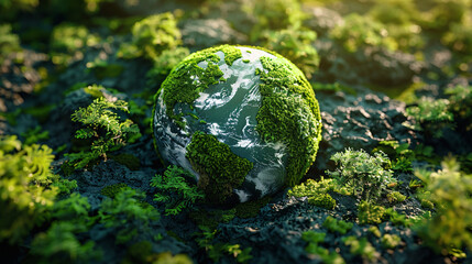 Canvas Print - Moss globe. Green earth. Global sustainability and environmental conservation. Sustainable growth for a healthier planet. Eco-friendly world concept. Earth Day background. Sustainable growth.