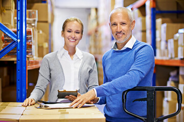 Aufkleber - Portrait, warehouse and man with woman, tablet or documents with shipping form or cargo. Supply chain, factory or manufacturing with teamwork or boxes with stock or logistics with storage or industry
