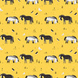 Seamless vector pattern, cartoon horses and birds in a meadow
