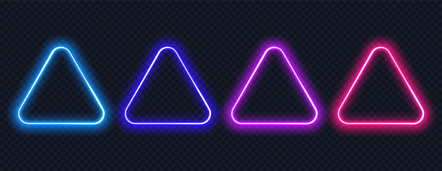 Poster - Neon button triangle set. Glowing colorful border with copy space. Realistic neon frame isolated.