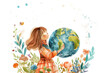 © MariiaDemchenko - Girl holding Earth globe with colorful flowers and plants around. Earth Day illustration