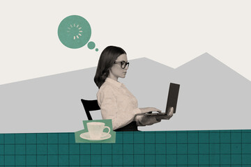 Poster - Collage picture of black white colors elegant girl sit cafe table chair coffee cup use laptop load information isolated on creative background