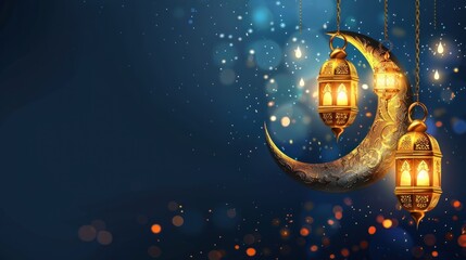 Wall Mural - Muslim holiday celebration banner, Islamic Background, Ramadan with Golden Lantern, Crescent Moon, greeting: Eid Al-Fitr