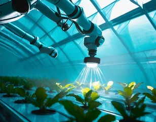 Wall Mural - Robotic arms precision-tend to plants under the soft blue light of technology, contrasting with the natural greenery inside a transparent greenhouse.