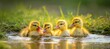 Adorable ducklings waddling by a shimmering pond in a picturesque natural setting