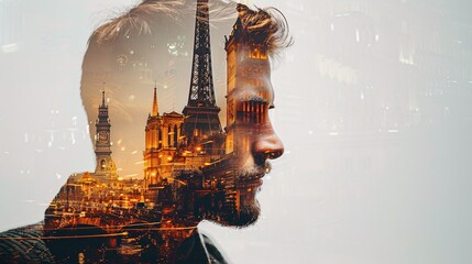 Wall Mural - a dynamic double exposure portrait, merging a handsome man with iconic structures, symbolizing architectural excellence