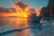 A serene seascape at sunset with a boat sailing on shimmering water.
