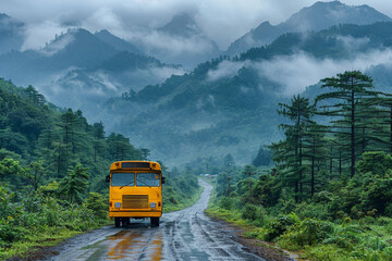 Wall Mural - Scenic rural road with bus route through mountainous and foggy autumn countryside.