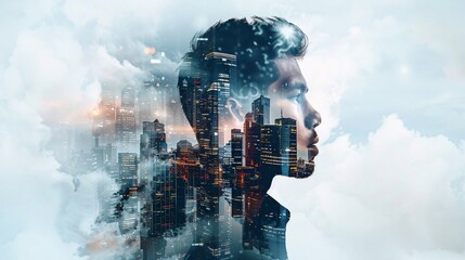 Wall Mural - a dynamic double exposure portrait, merging a handsome man with iconic structures, symbolizing architectural excellence