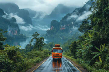 Wall Mural - Travel by bus along a scenic route through dense forests and majestic mountains.
