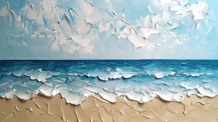 Wall Mural - Closeup of impasto abstract rough seascape and beach. Blue, white and beige colors, art painting canvas texture	
