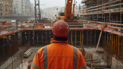 Wall Mural - Rear view of a construction worker wearing orange safety helmet and reflective vest at a construction site