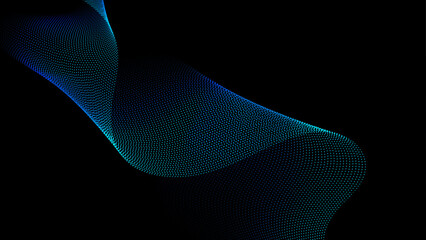 Poster - Abstract futuristic blue and green waves with moving dots form the background, a flowing particle effect and glitch aesthetic. Vector graphic is ideal for use in brochures, flyers, magazines, banner.