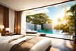 Luxurious bedroom opening to a sunny poolside Modern design interior of bedroom hotel.