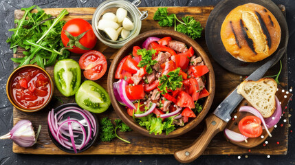 Wall Mural - A wooden cutting board with a variety of vegetables and a knife. The vegetables include tomatoes, onions, and lettuce