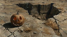 A Pumpkin With A Smiley Face On It Is Sitting On A Rocky, Barren Landscape. The Pumpkin Is Surrounded By A Hole In The Ground, Which Gives The Scene A Sense Of Emptiness And Desolation
