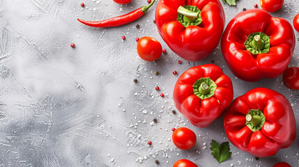 Wall Mural - A close up of four red bell peppers and a few tomatoes on a grey background. The peppers are arranged in a way that they are almost touching each other